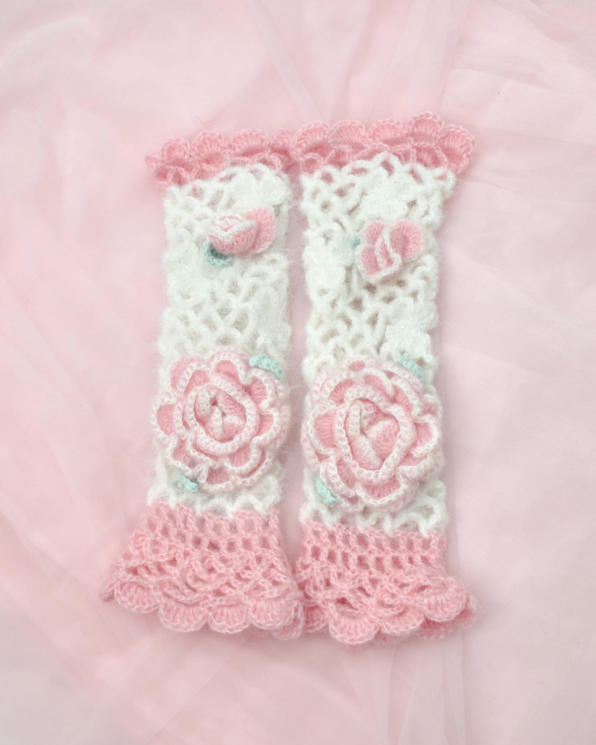 Rose Hand Crochet Arm Warmers - Pink