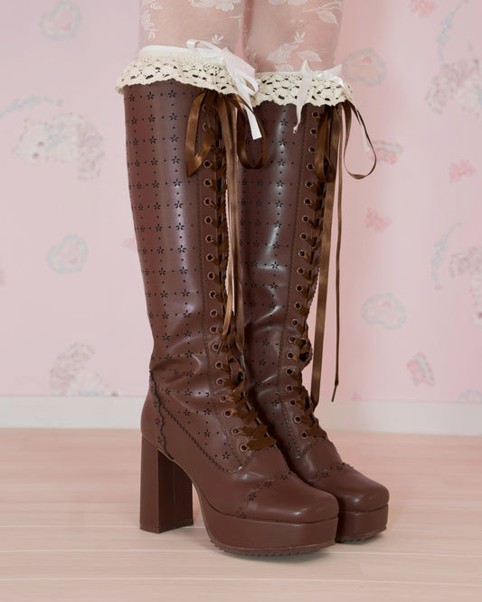Sweet Obsession Knee-High Lace Up Boots - Chocolate // PREORDER