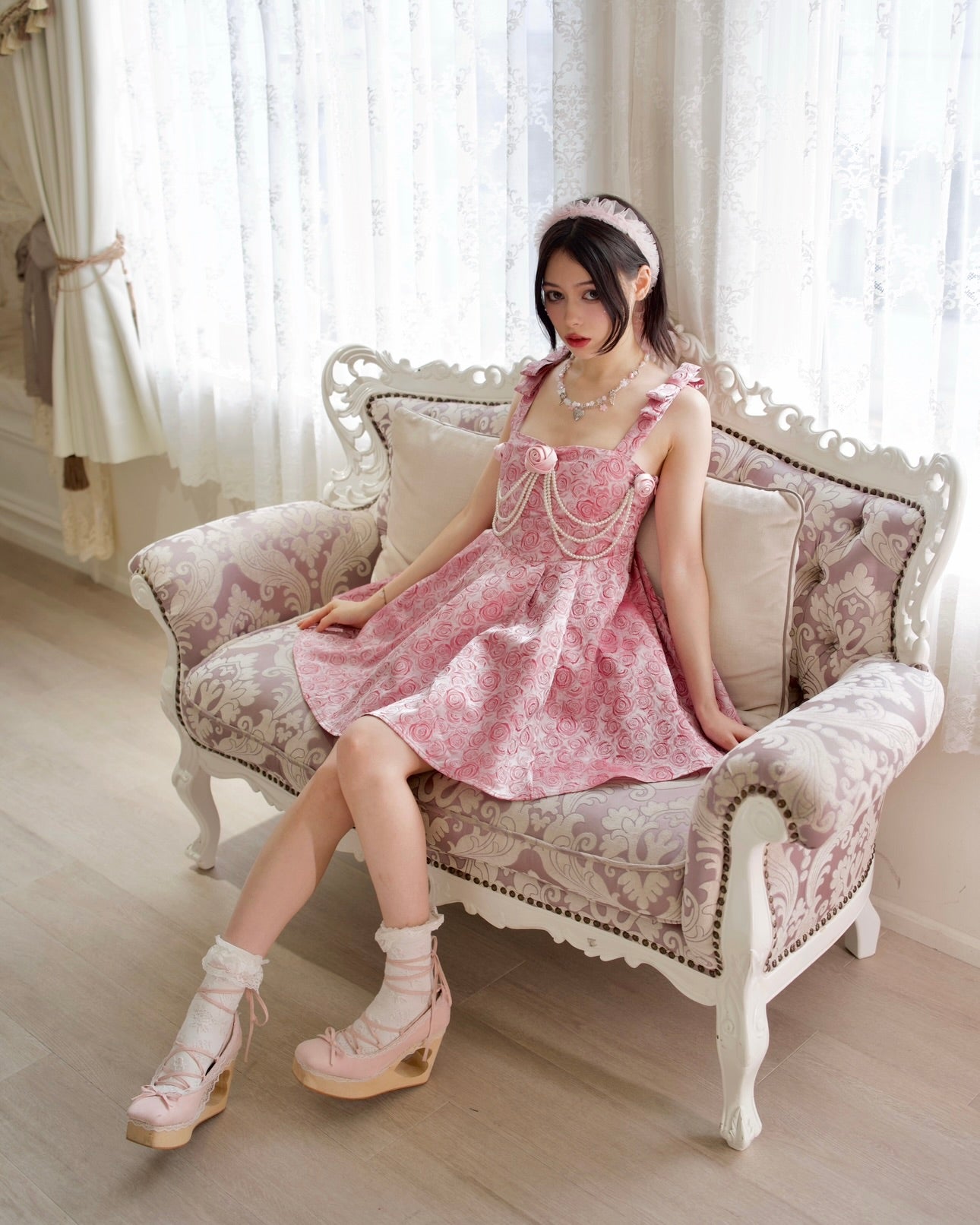 Roses And Pearls Ribbon Strap Dress