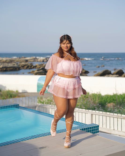 Rosette Veil Two Piece Swimsuit Floral Pink TOP