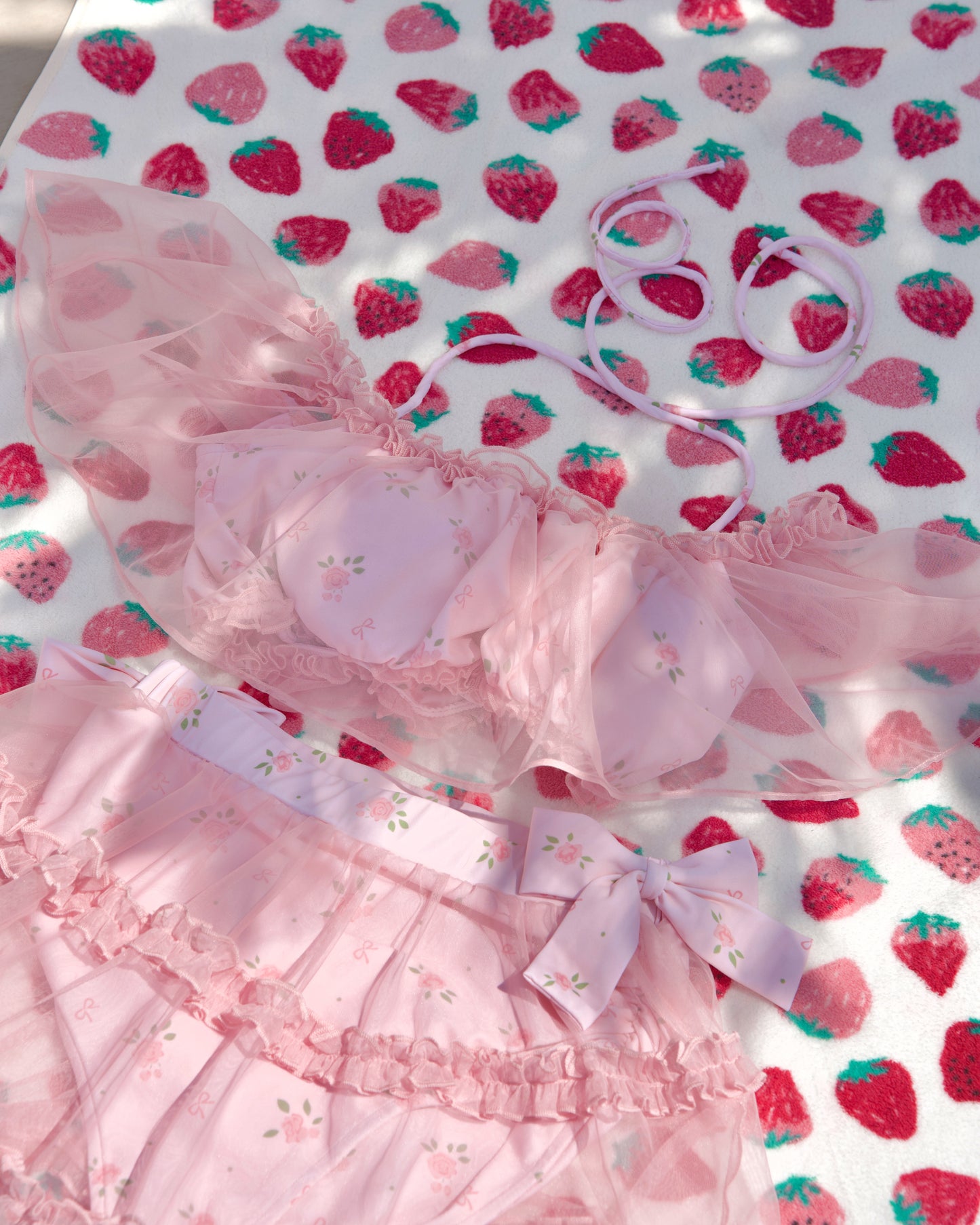 Rosette Veil Two Piece Swimsuit Floral Pink TOP