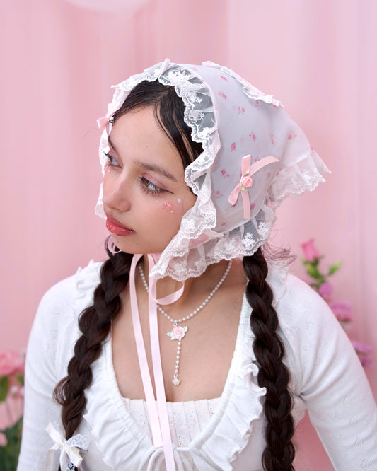 Rosy Daydream Head Scarf - White x Pink