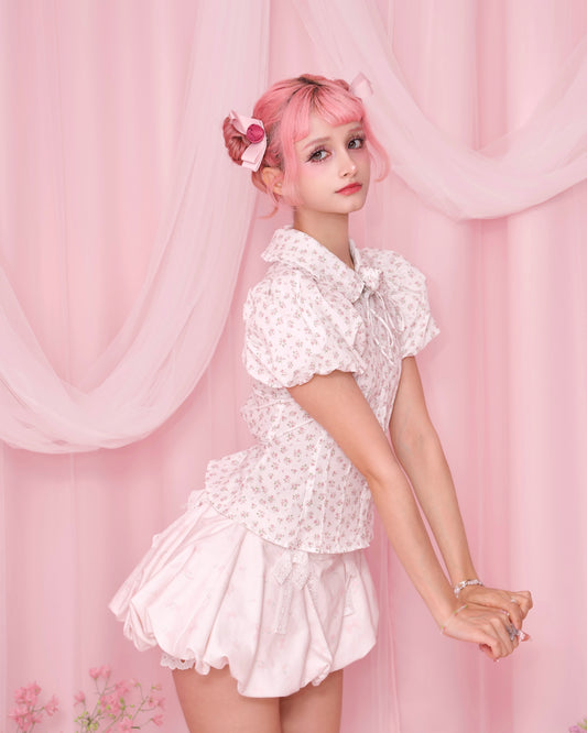 Rosa D'Amour Shortsleeve Blouse - White x Pink Floral