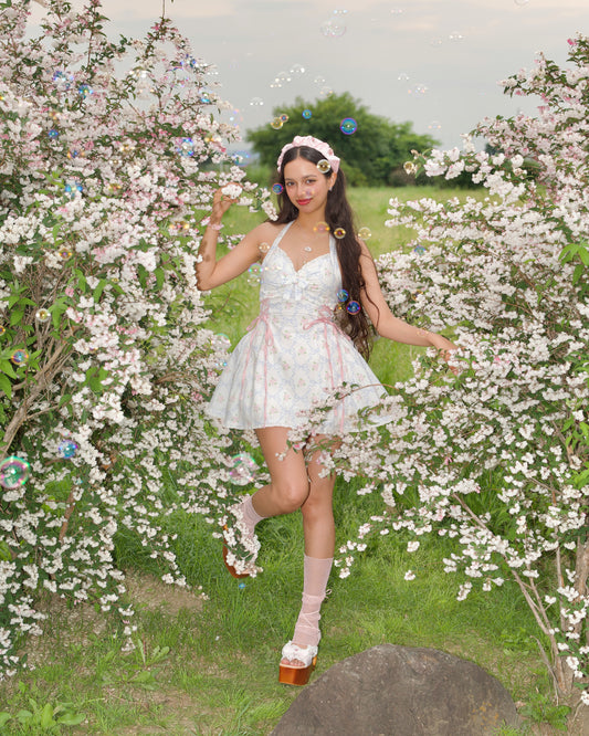 Sunberry Halter Dress, Blue Rose Ribbon Motif