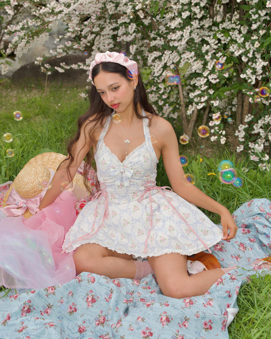 Sunberry Halter Dress, Blue Rose Ribbon Motif