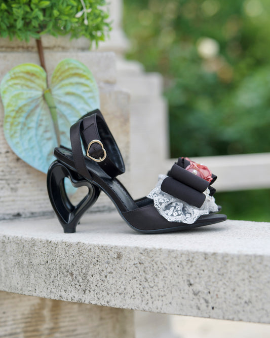 La Vie En Rose Heart Sandal Heels Black