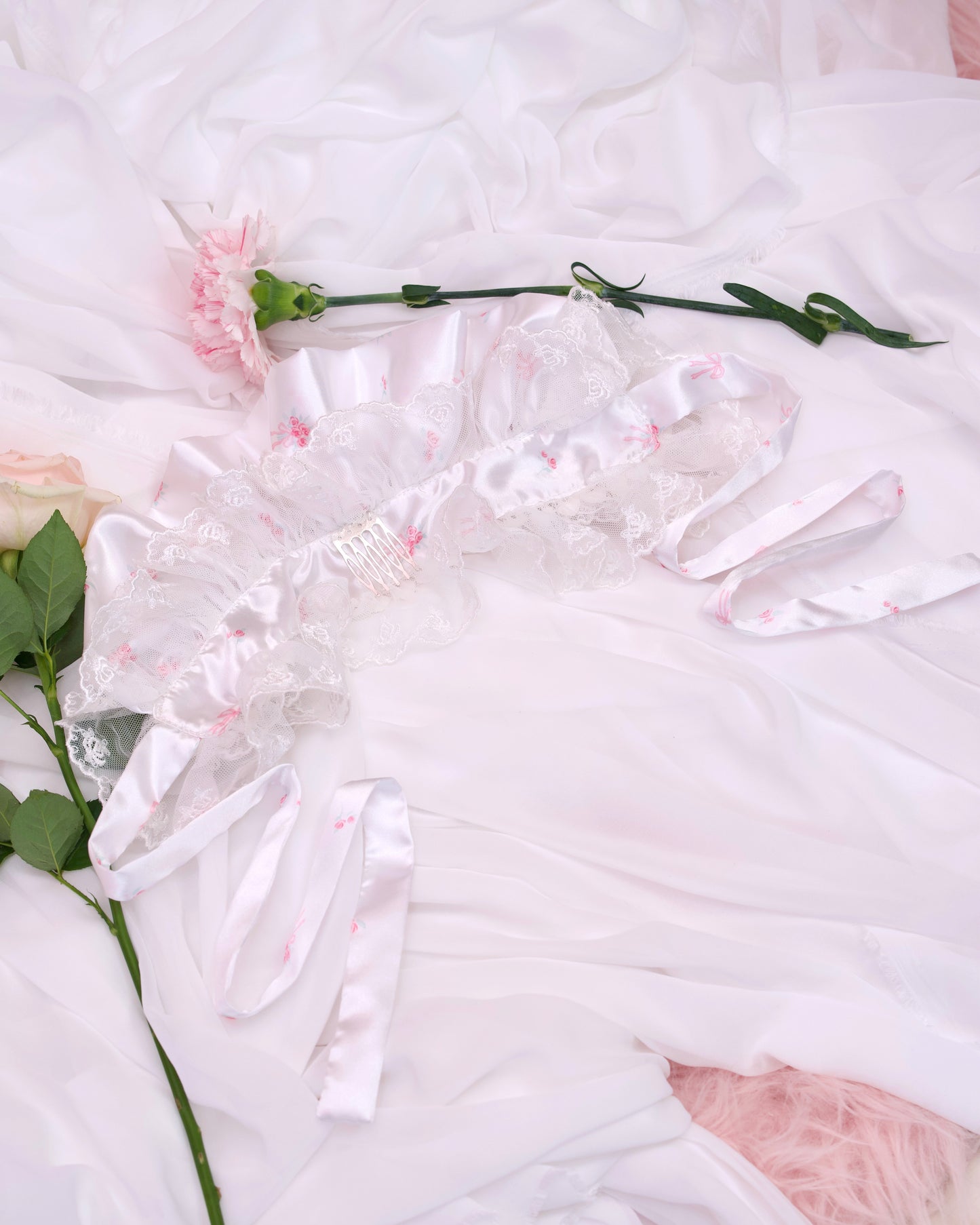 Rosette Ruffle Bonnet - White // PREORDER