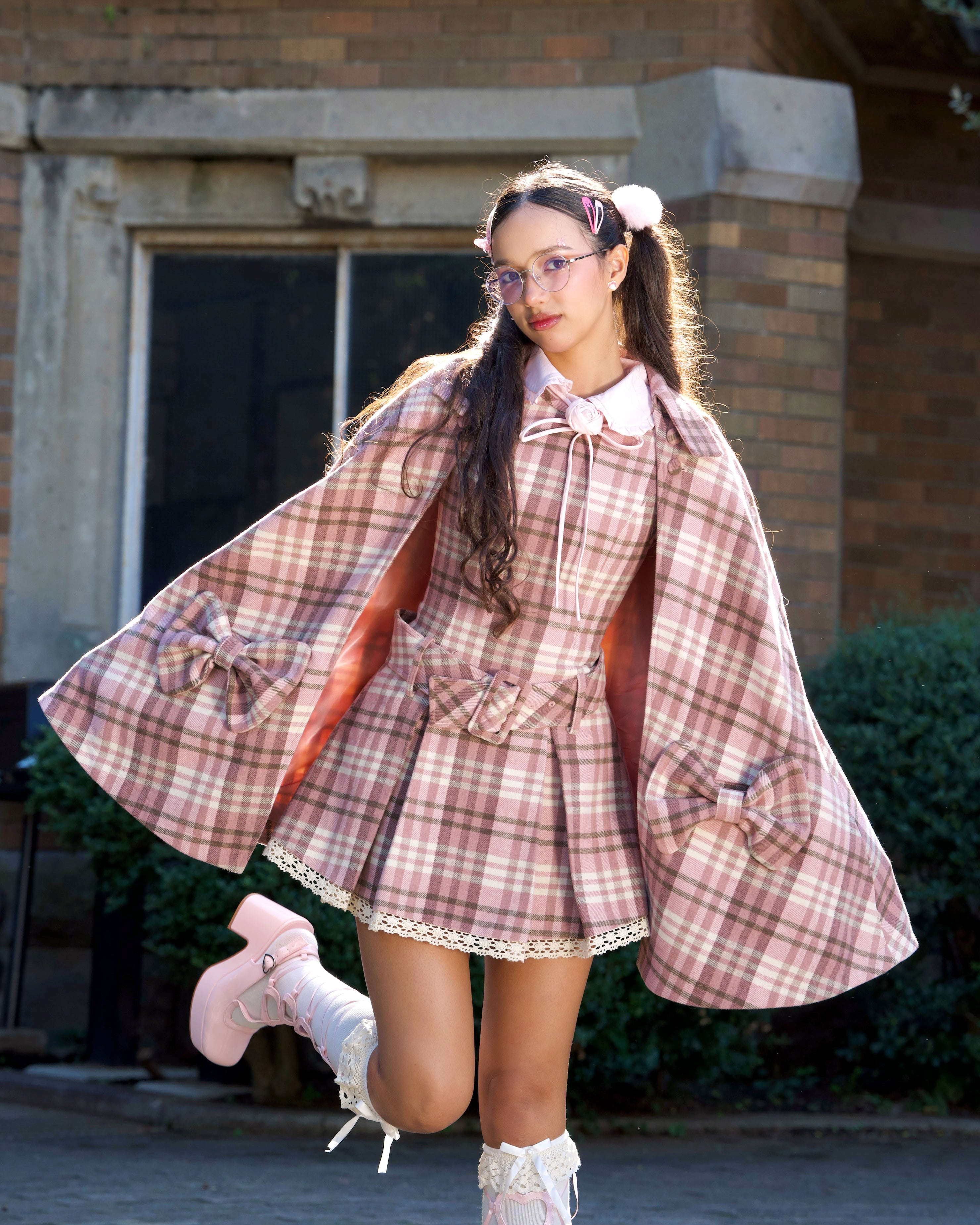 Darling Detective's Cape Dress - Pink x Brown Neapolitan Check