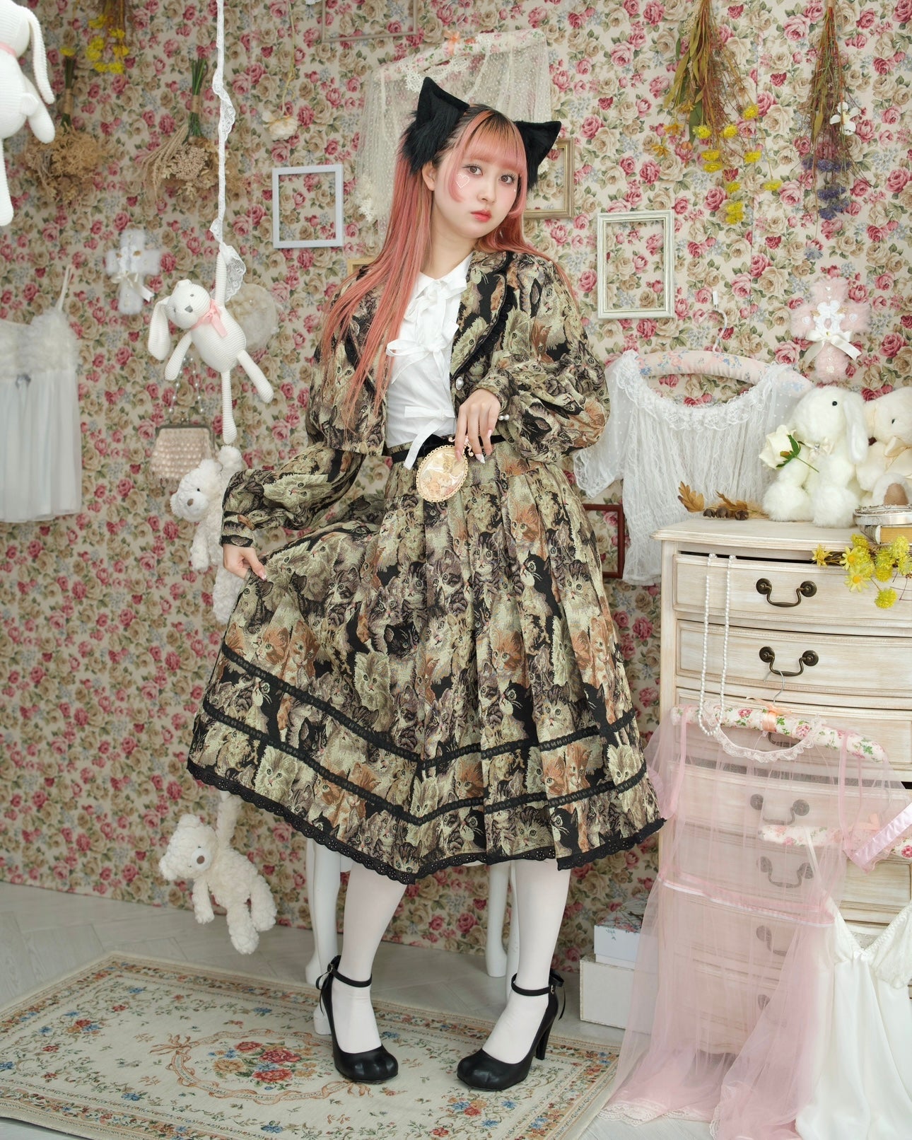 Prep School Idol Long Skirt Kitty Print