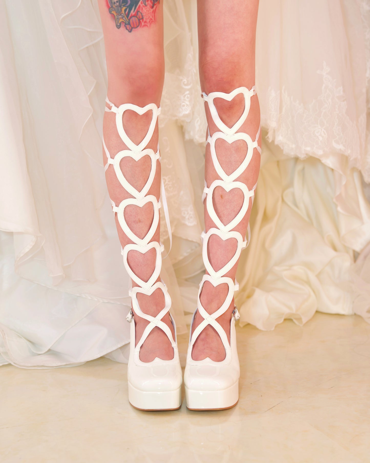 "Dear Valentine" Knee High Heart Platform Heels White PREORDER