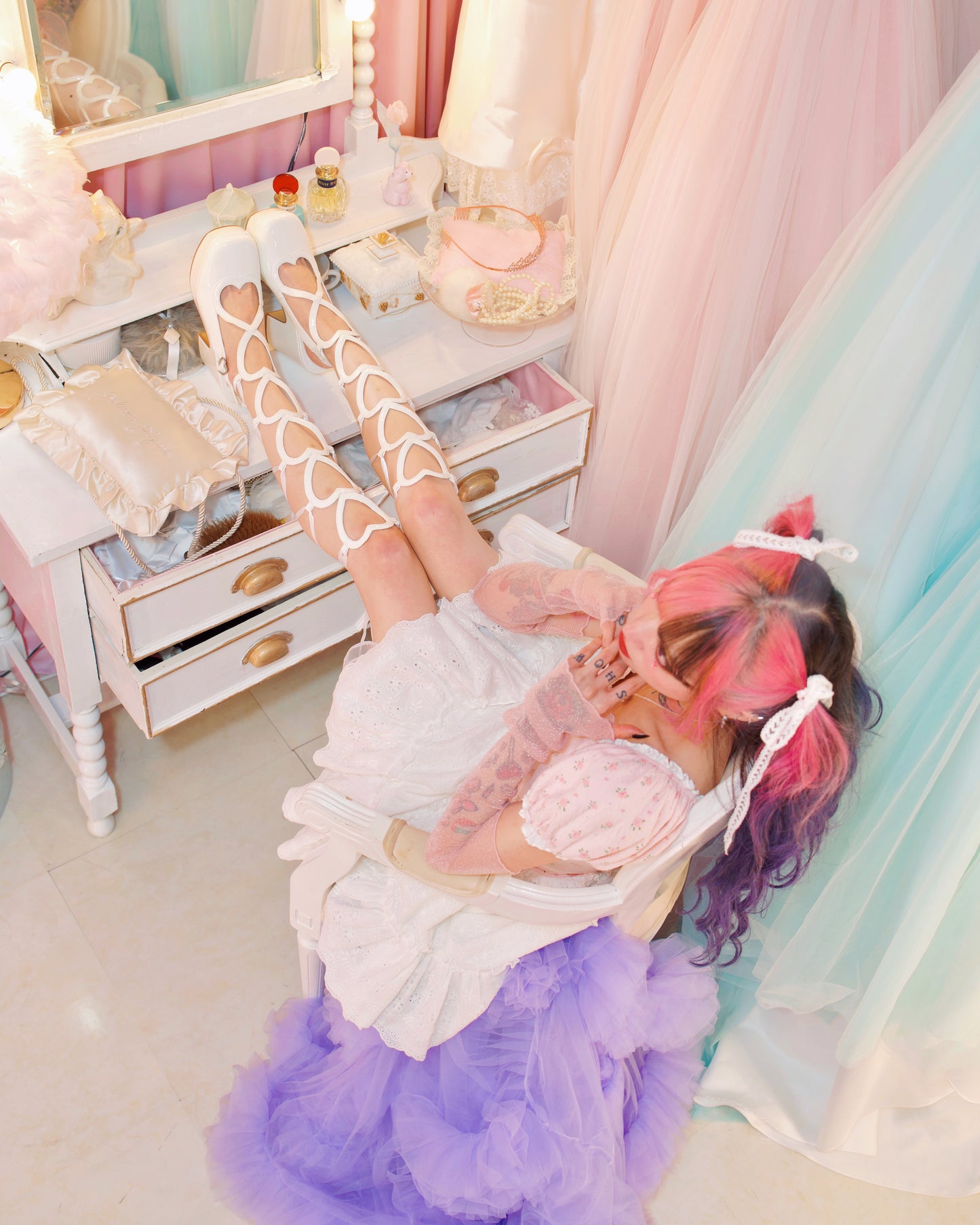 "Dear Valentine" Knee High Heart Platform Heels White PREORDER