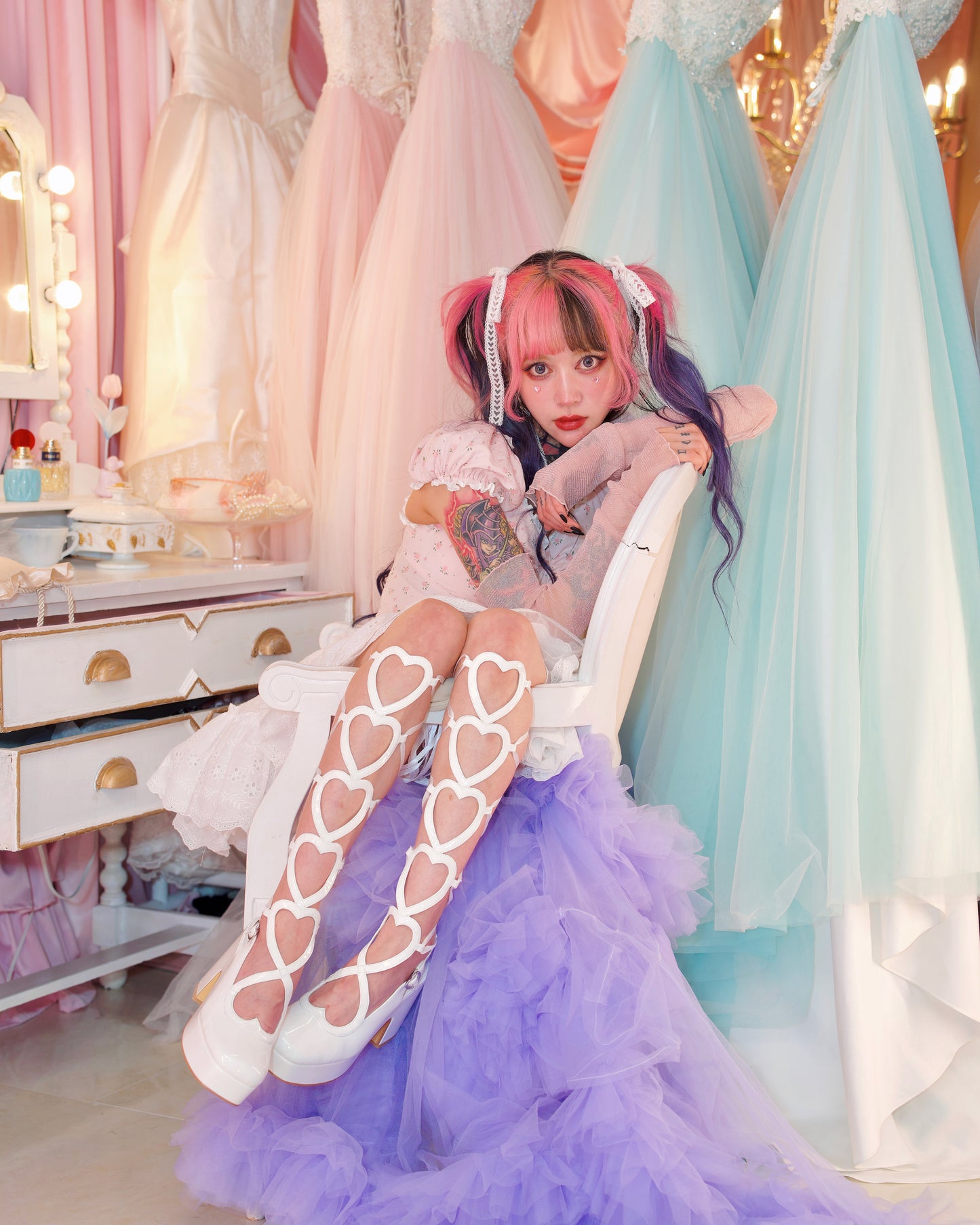 "Dear Valentine" Knee High Heart Platform Heels White PREORDER