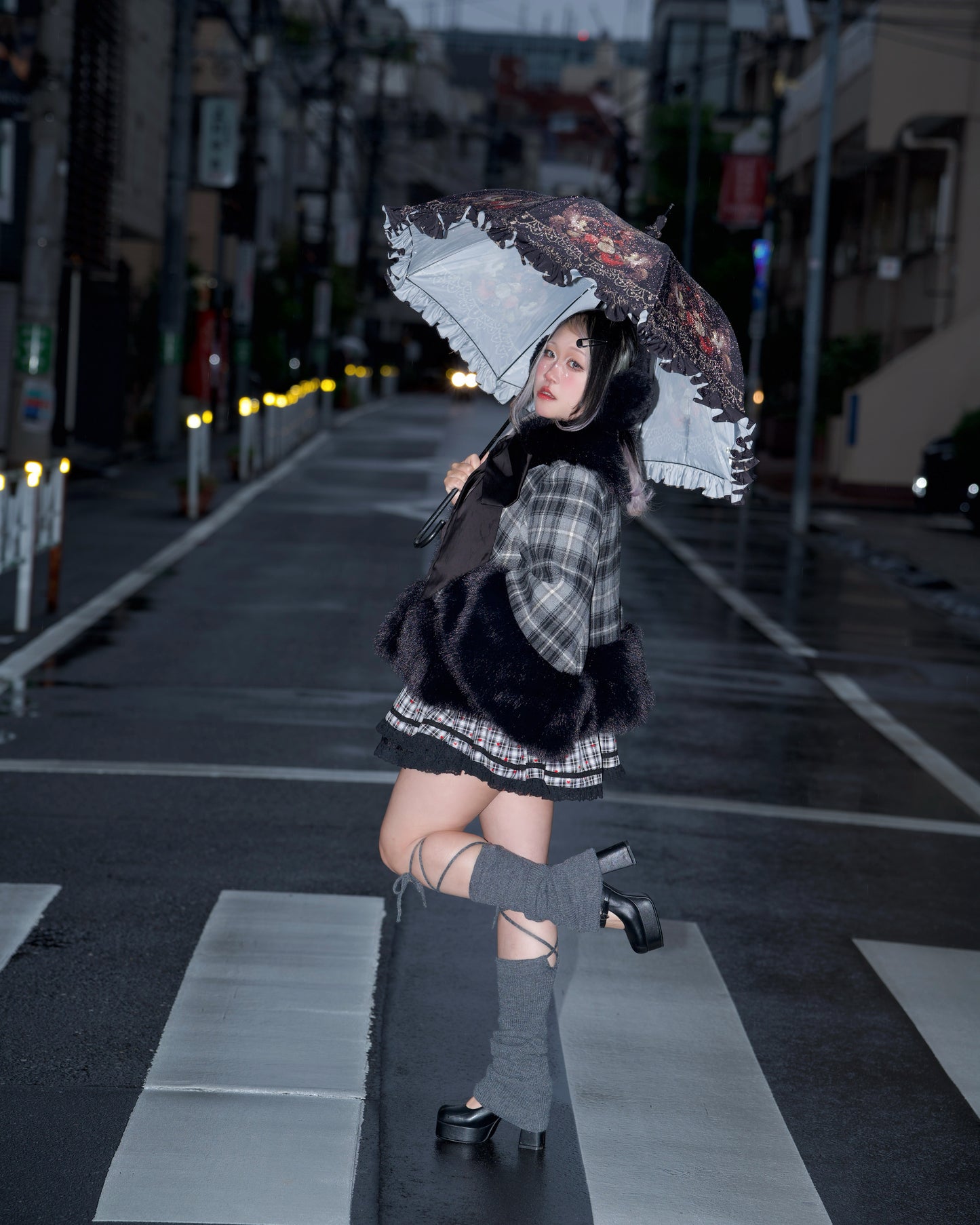 Winter Girl Double Breasted Ribbon Jacket - Grey x Black Check // PREORDER