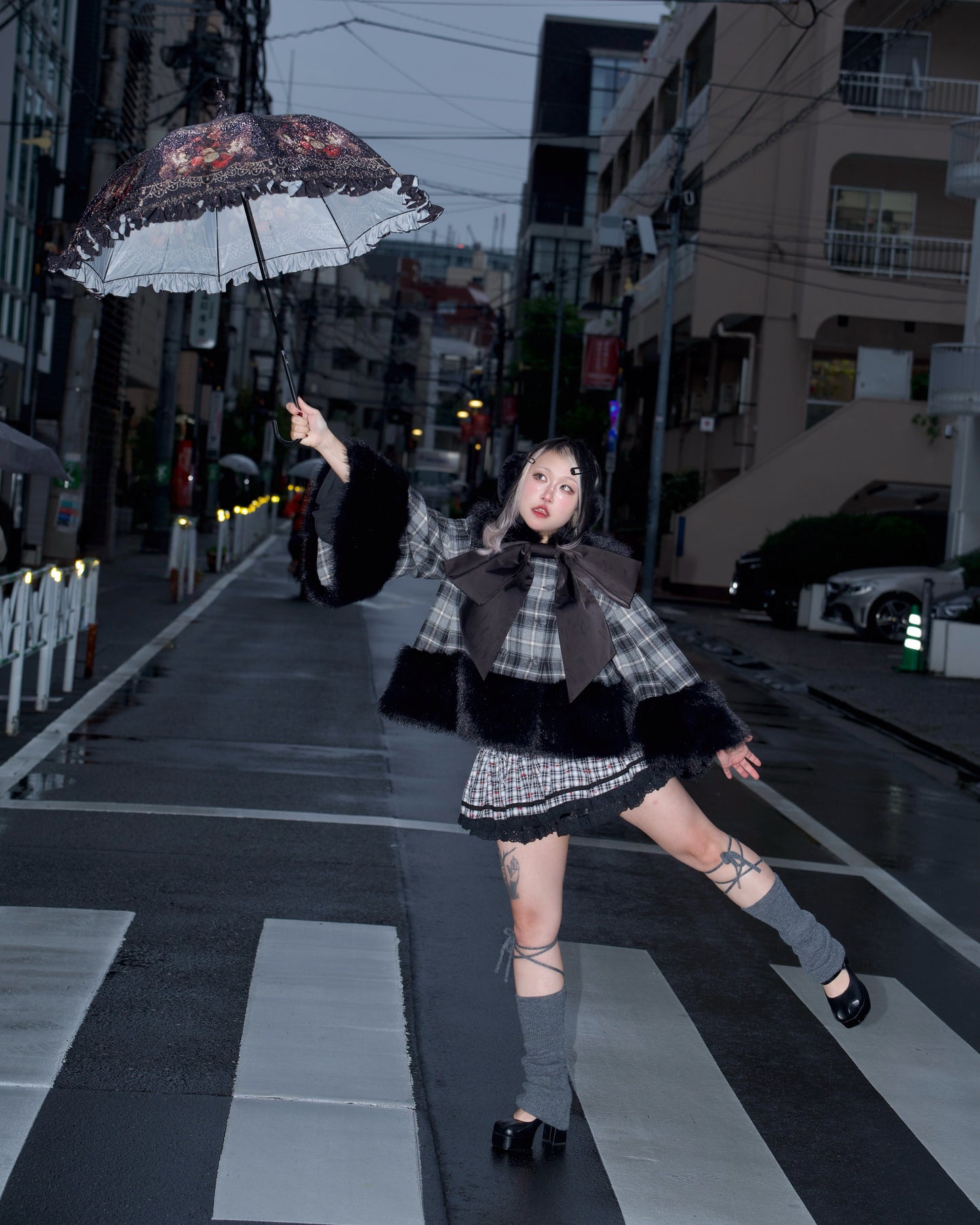 Winter Girl Double Breasted Ribbon Jacket - Grey x Black Check // PREORDER