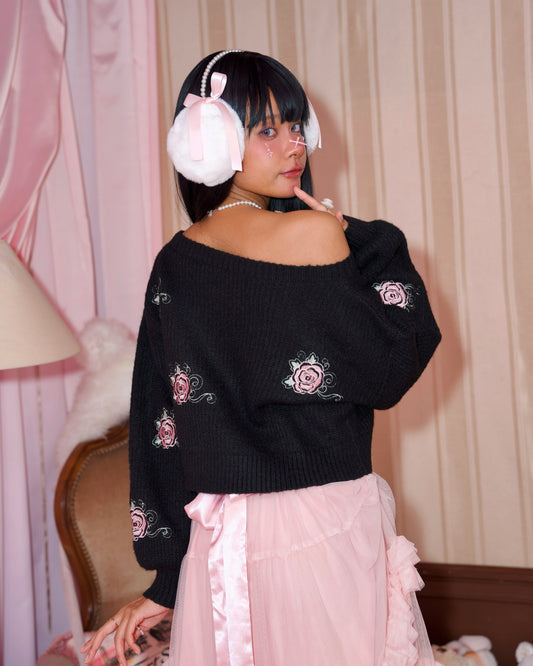 Dreamy Rose Off-Shoulder Jumper - Black // PREORDER