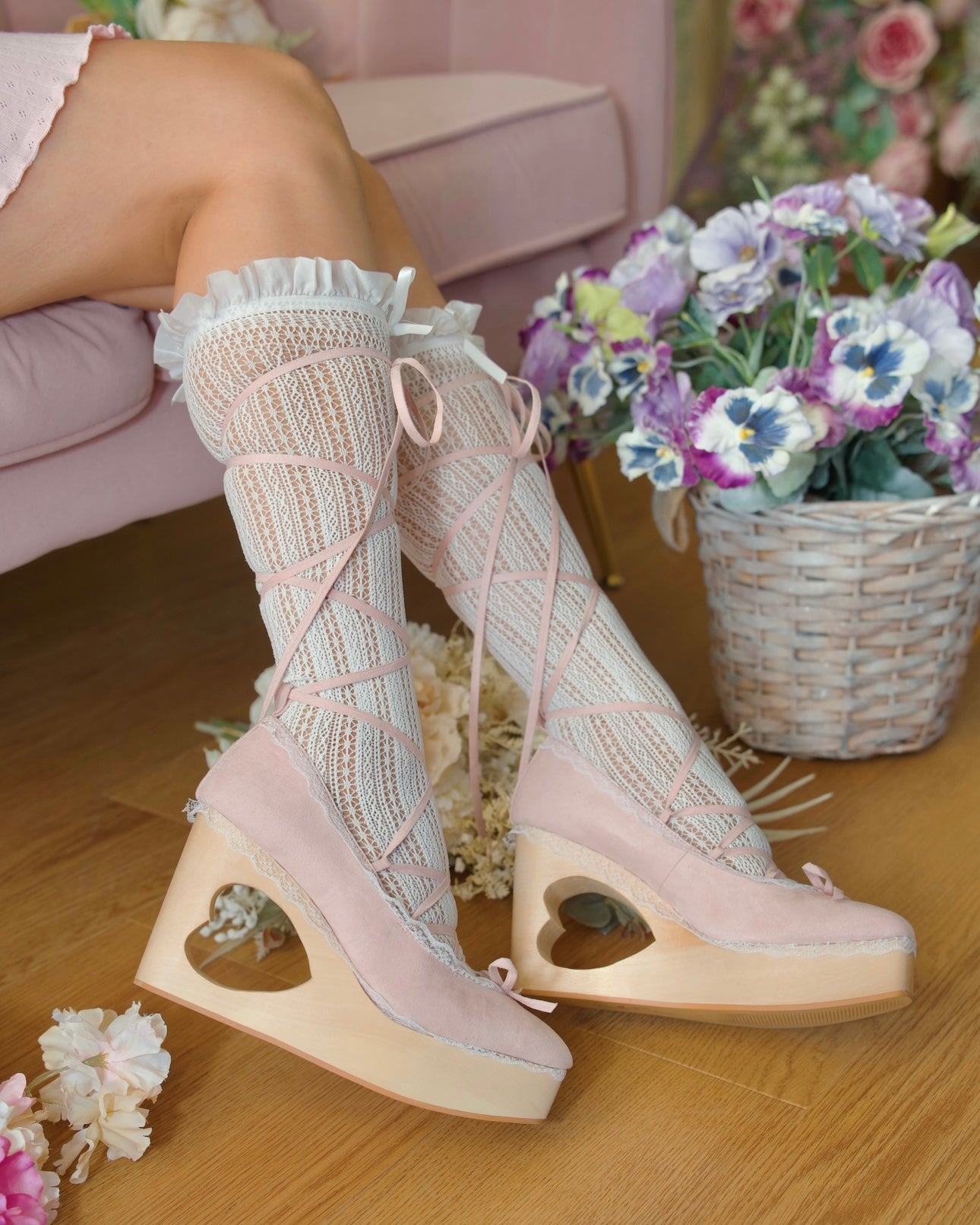 "Cupid's Ballerina" Heart Platform Lace Up Shoes - Powder Pink