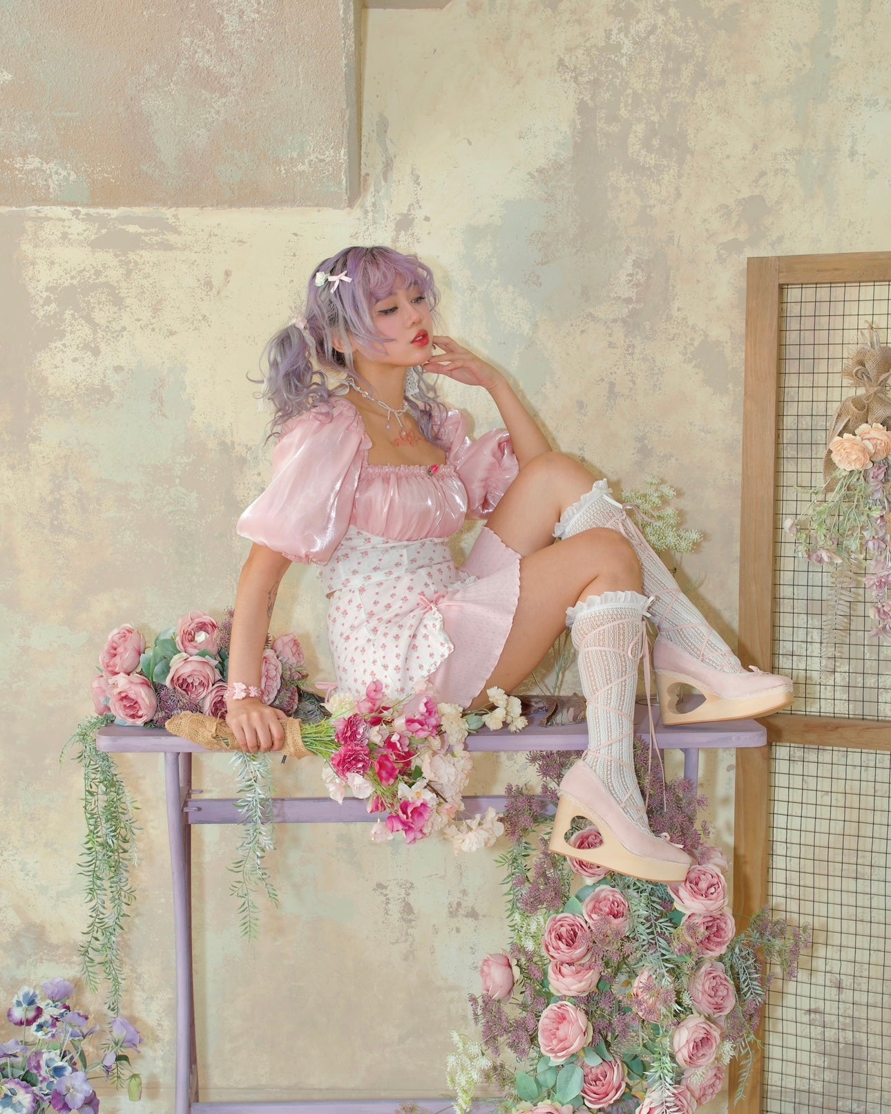 "Cupid's Ballerina" Heart Platform Lace Up Shoes - Powder Pink
