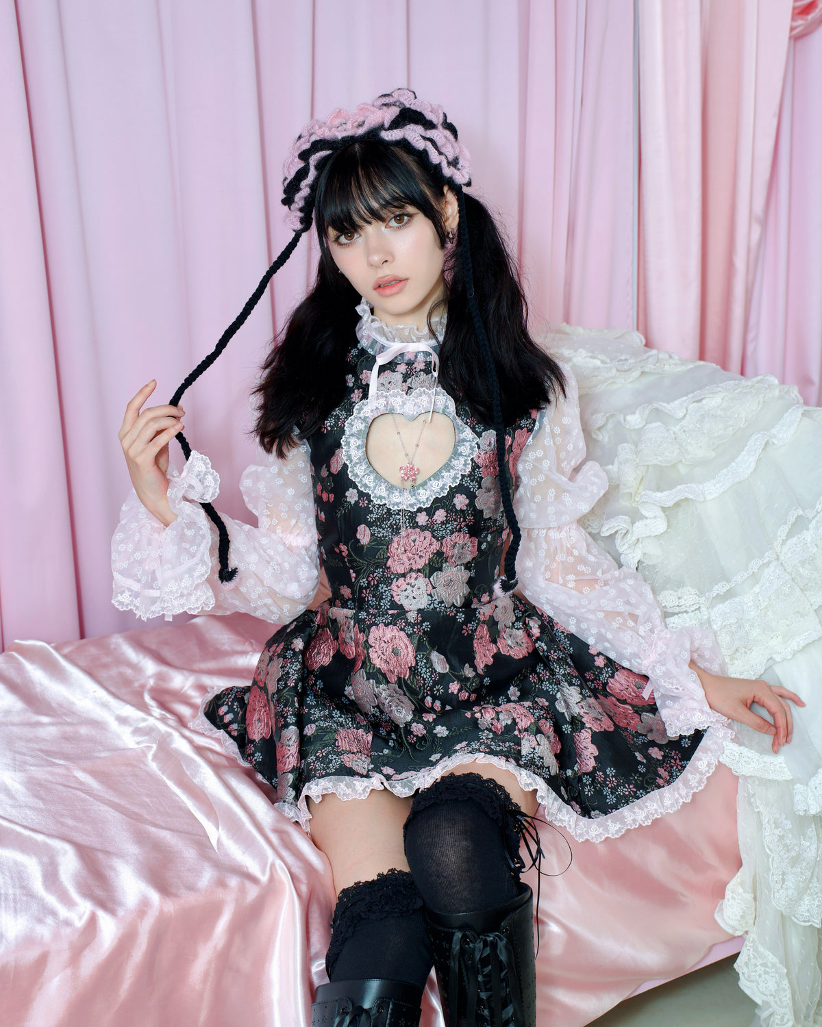 Frilly Rose Puff Hand Crochet Headdress - Black // PREORDER