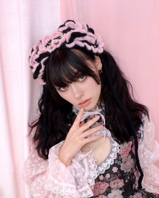 Frilly Rose Puff Hand Crochet Headdress - Black // PREORDER