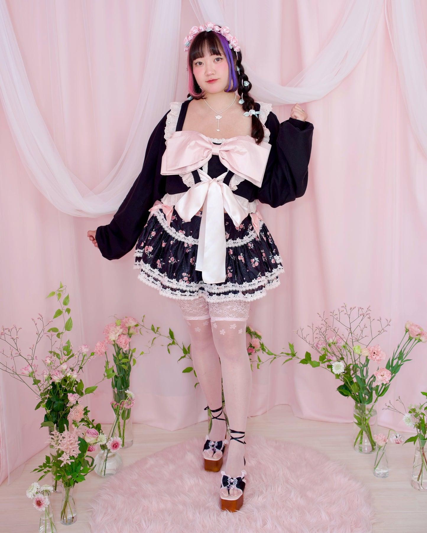 Yours Truly Ribbon Cardigan - Black x Pink // PREORDER