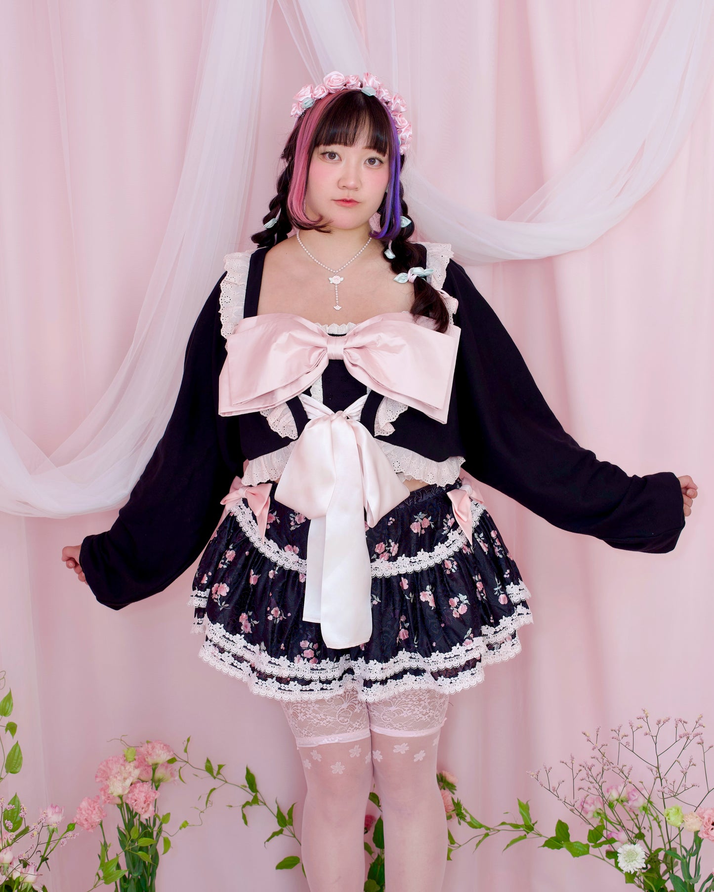Yours Truly Ribbon Cardigan - Black x Pink // PREORDER