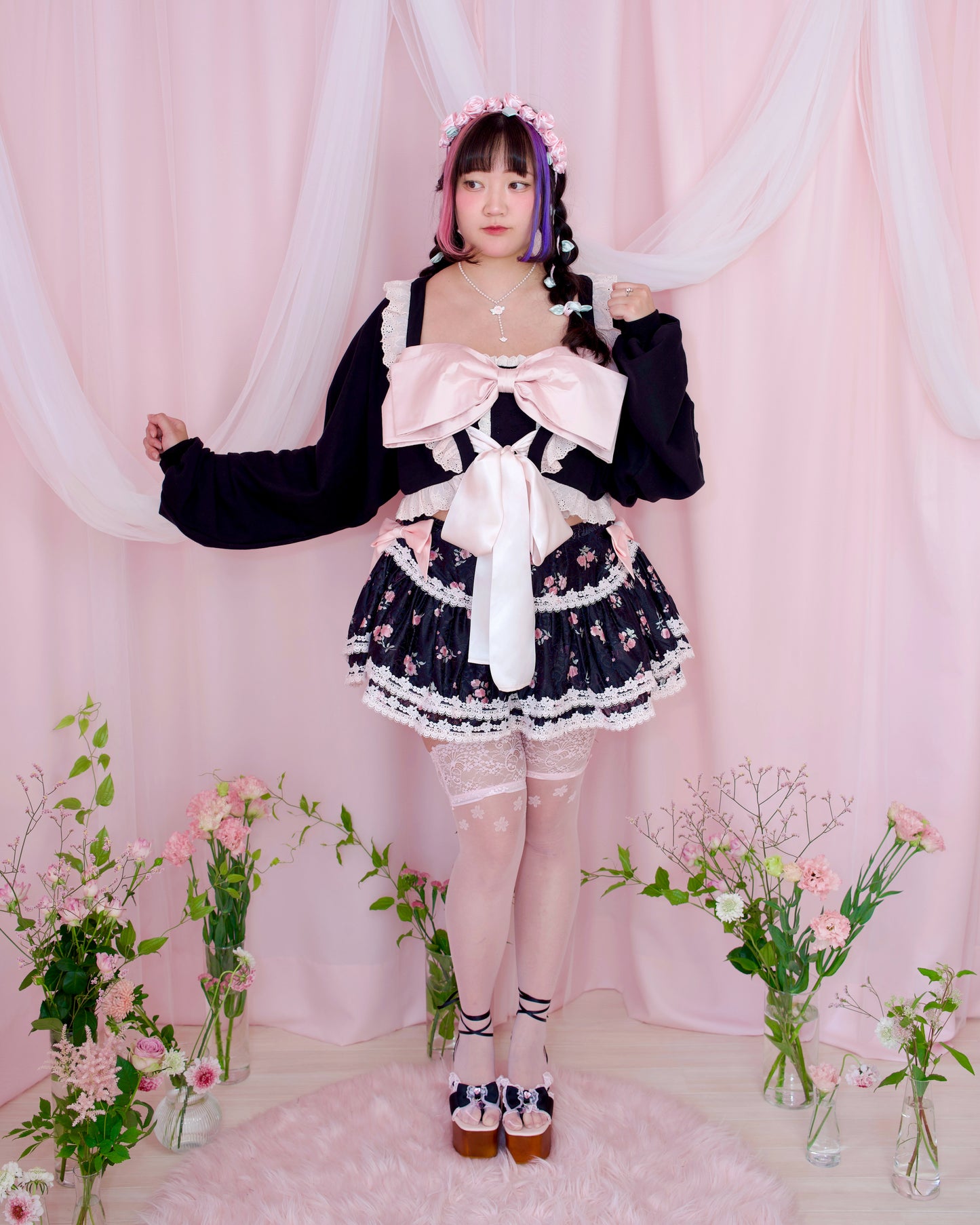 Yours Truly Ribbon Cardigan - Black x Pink // PREORDER