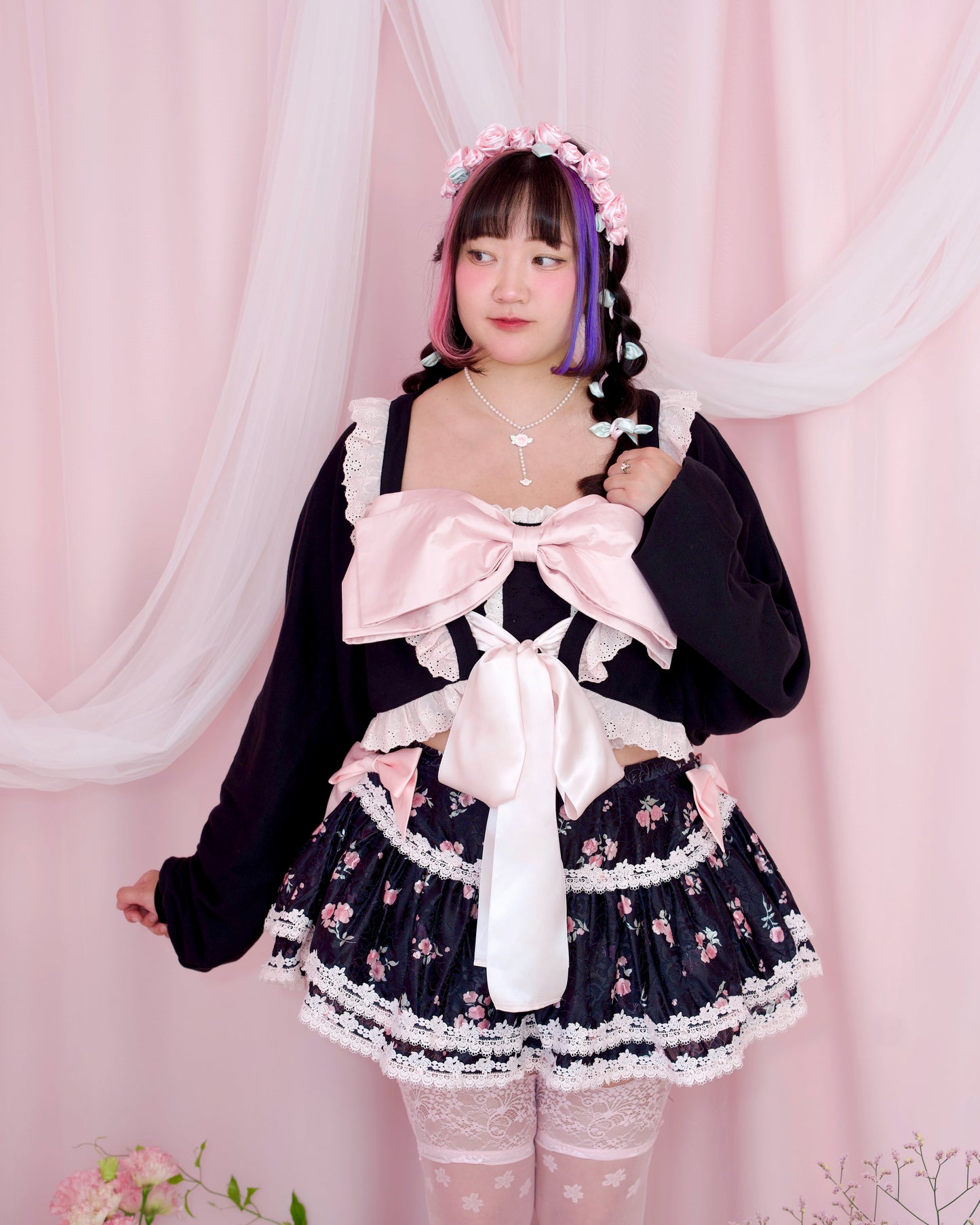 Yours Truly Ribbon Cardigan - Black x Pink // PREORDER
