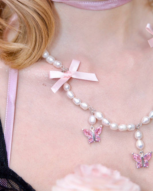 Tied in Pearls Butterfly Necklace - Pink
