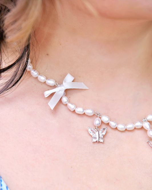 Tied in Pearls Butterfly Necklace - White