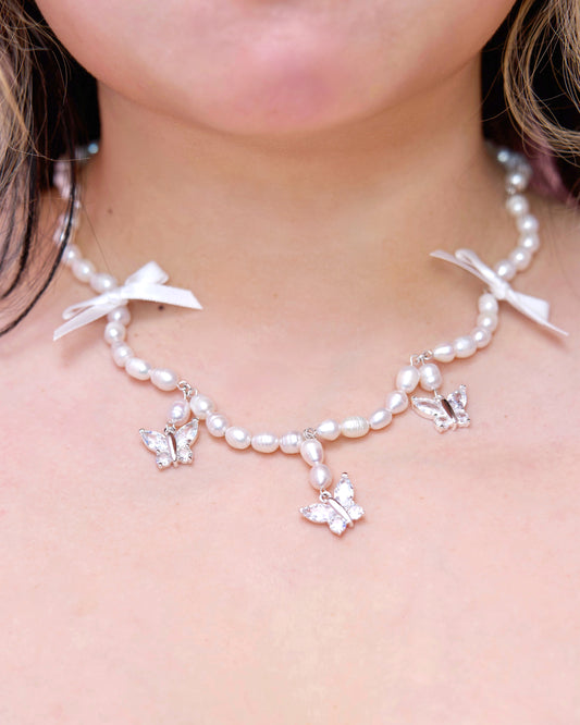 Tied in Pearls Butterfly Necklace - White