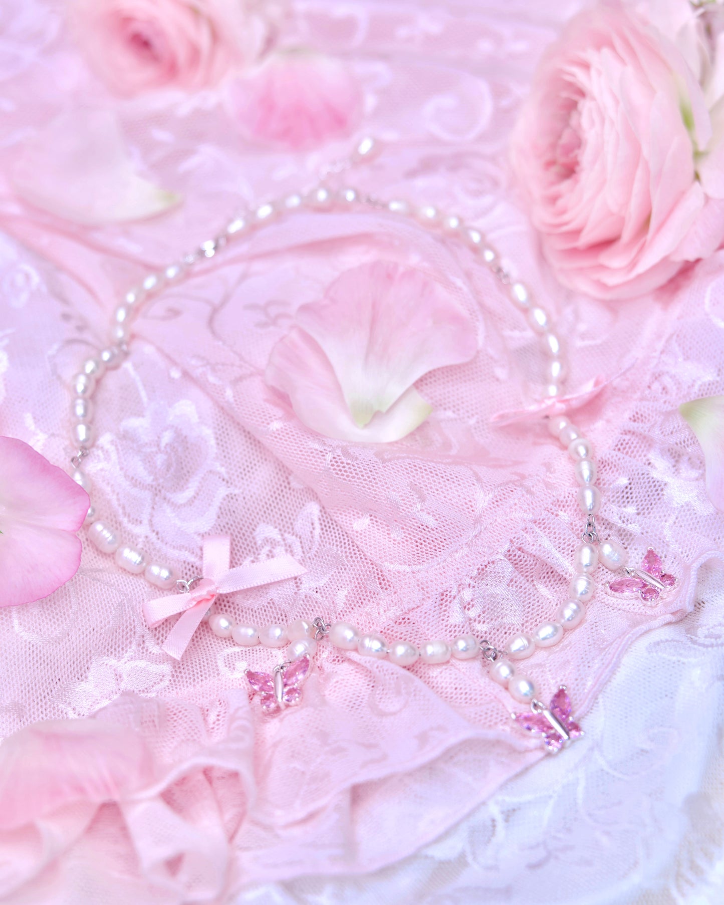Tied in Pearls Butterfly Necklace - Pink