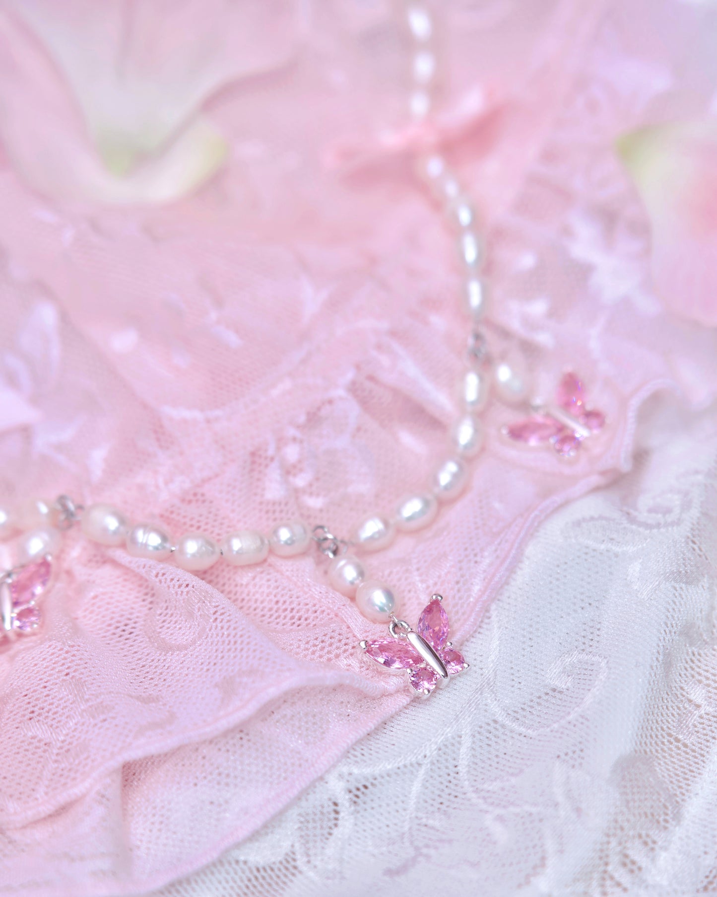 Tied in Pearls Butterfly Necklace - Pink