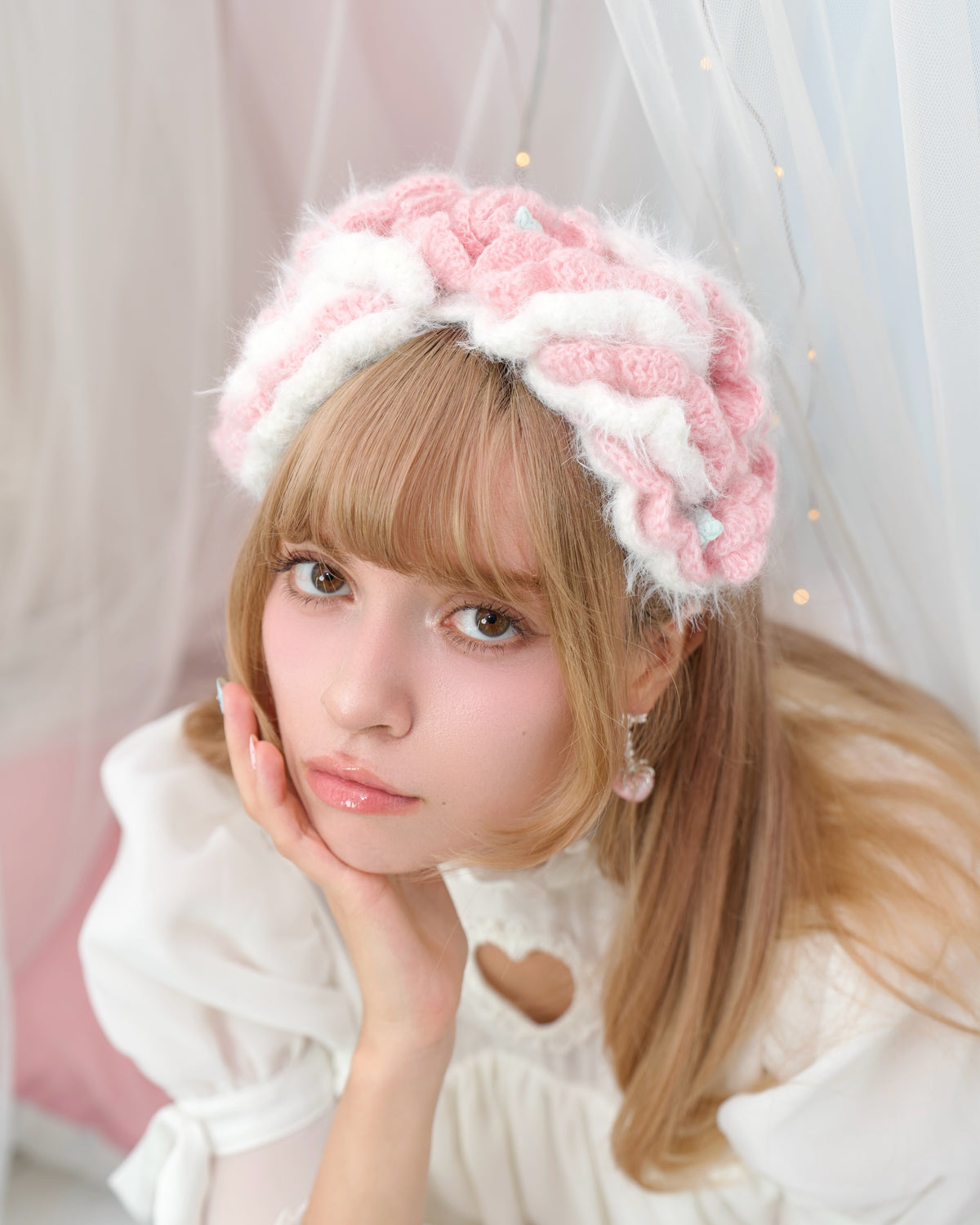 Frilly Rose Puff Hand Crochet Headdress - Pink // PREORDER