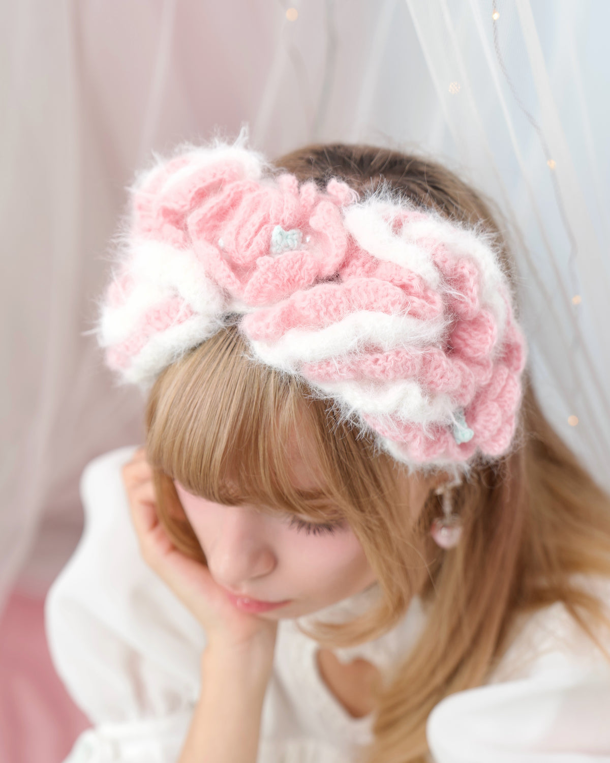Frilly Rose Puff Hand Crochet Headdress - Pink // PREORDER