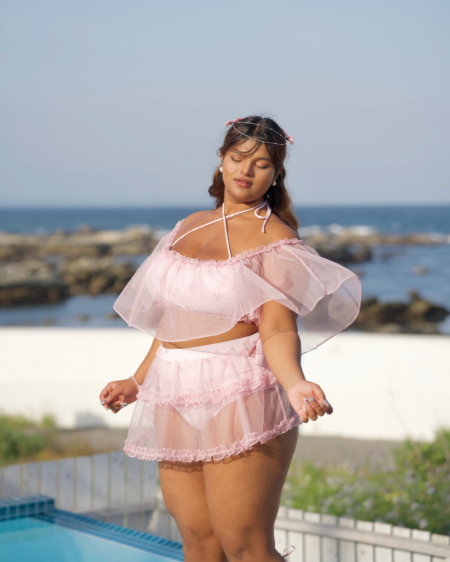 Rosette Veil Two Piece Swimsuit Floral Pink TOP PREORDER