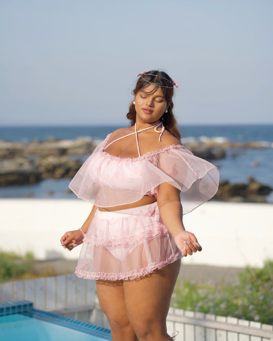 Rosette Veil Two Piece Swimsuit Floral Pink TOP PREORDER