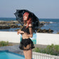 Rosette Veil Two Piece Swimsuit Black TOP PREORDER