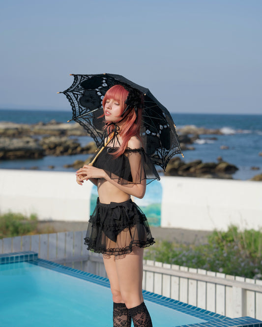 Rosette Veil Two Piece Swimsuit Black TOP PREORDER
