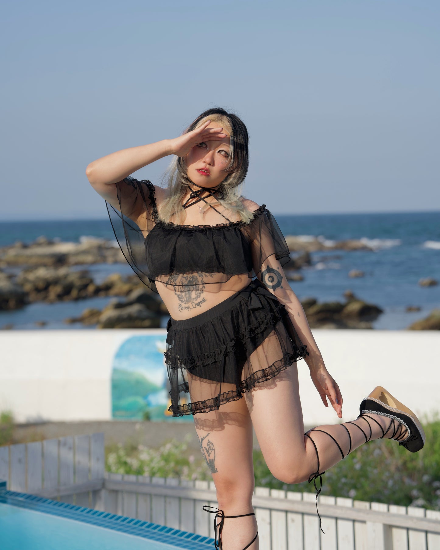 Rosette Veil Two Piece Swimsuit Black BOTTOM PREORDER