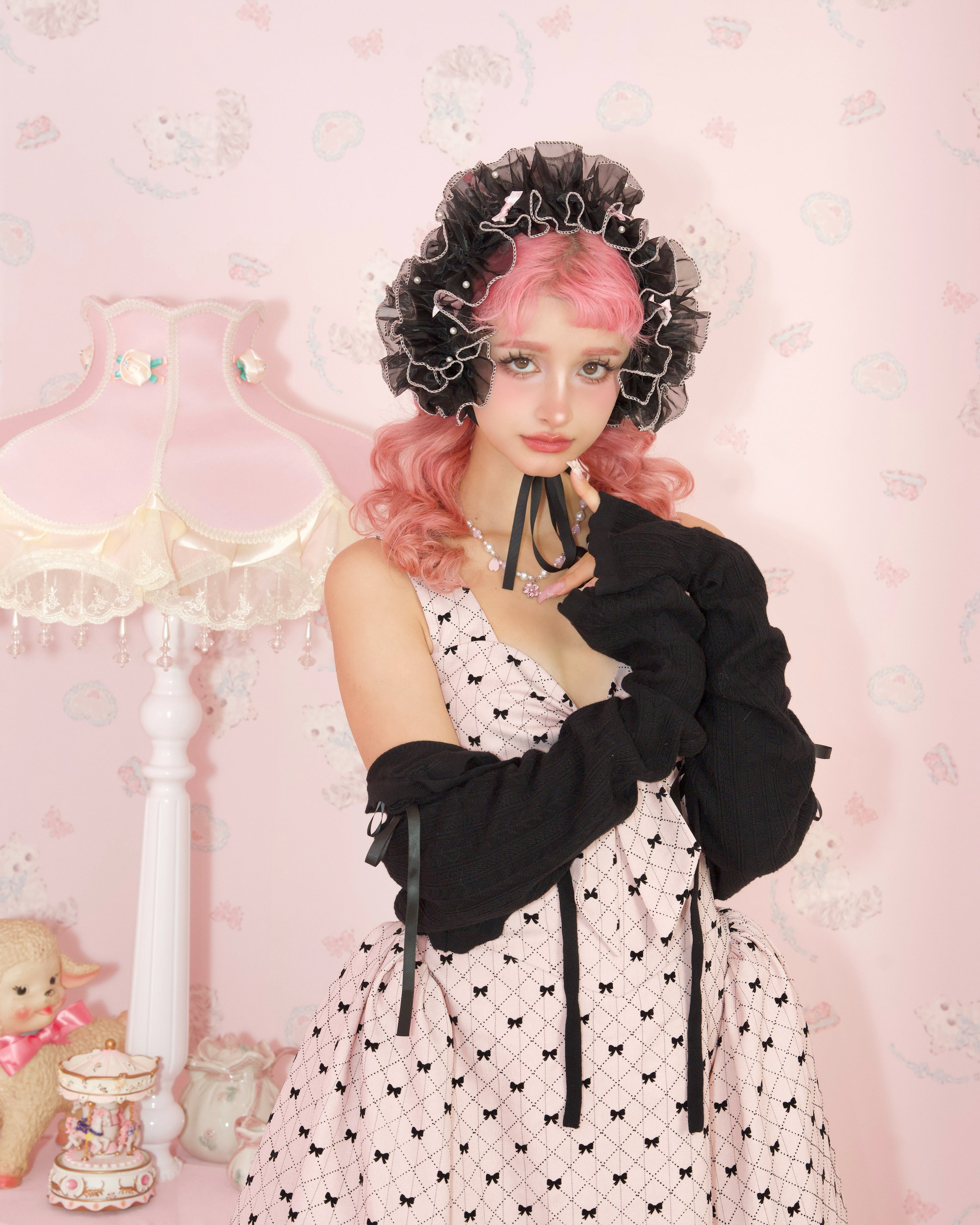 【millinery mino】Frill ribbon Headband Rosy Pirouette Frill Ribbon Headdress - Blush Noir (Black x Pink