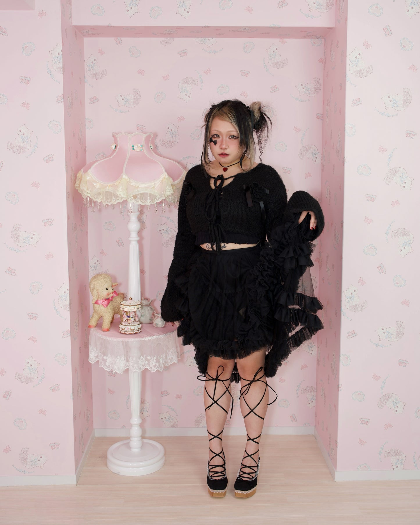 "Cupid's Ballerina" Heart Platform Lace Up Shoes (WIDE FIT) - Black // PREORDER