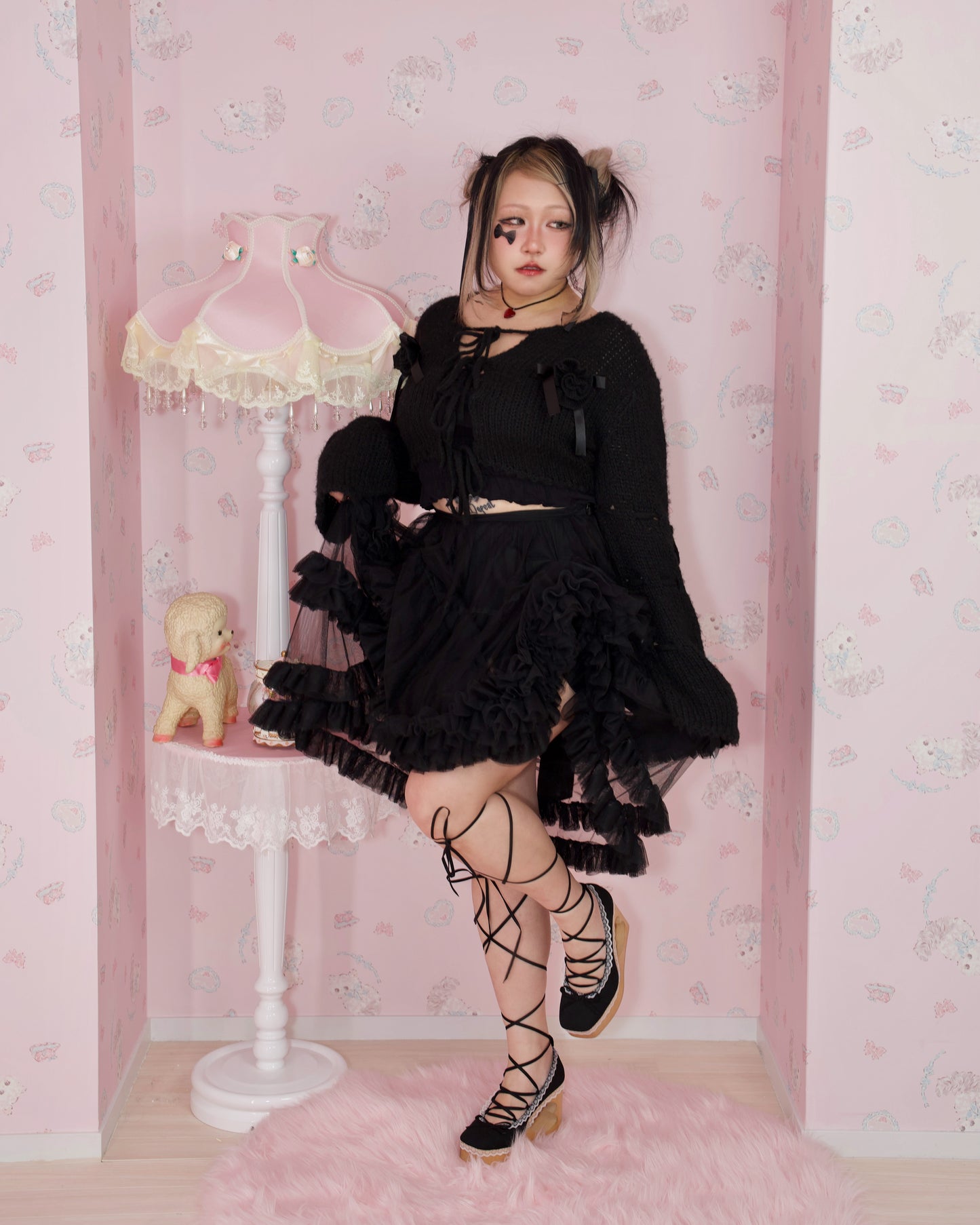 "Cupid's Ballerina" Heart Platform Lace Up Shoes (WIDE FIT) - Black // PREORDER