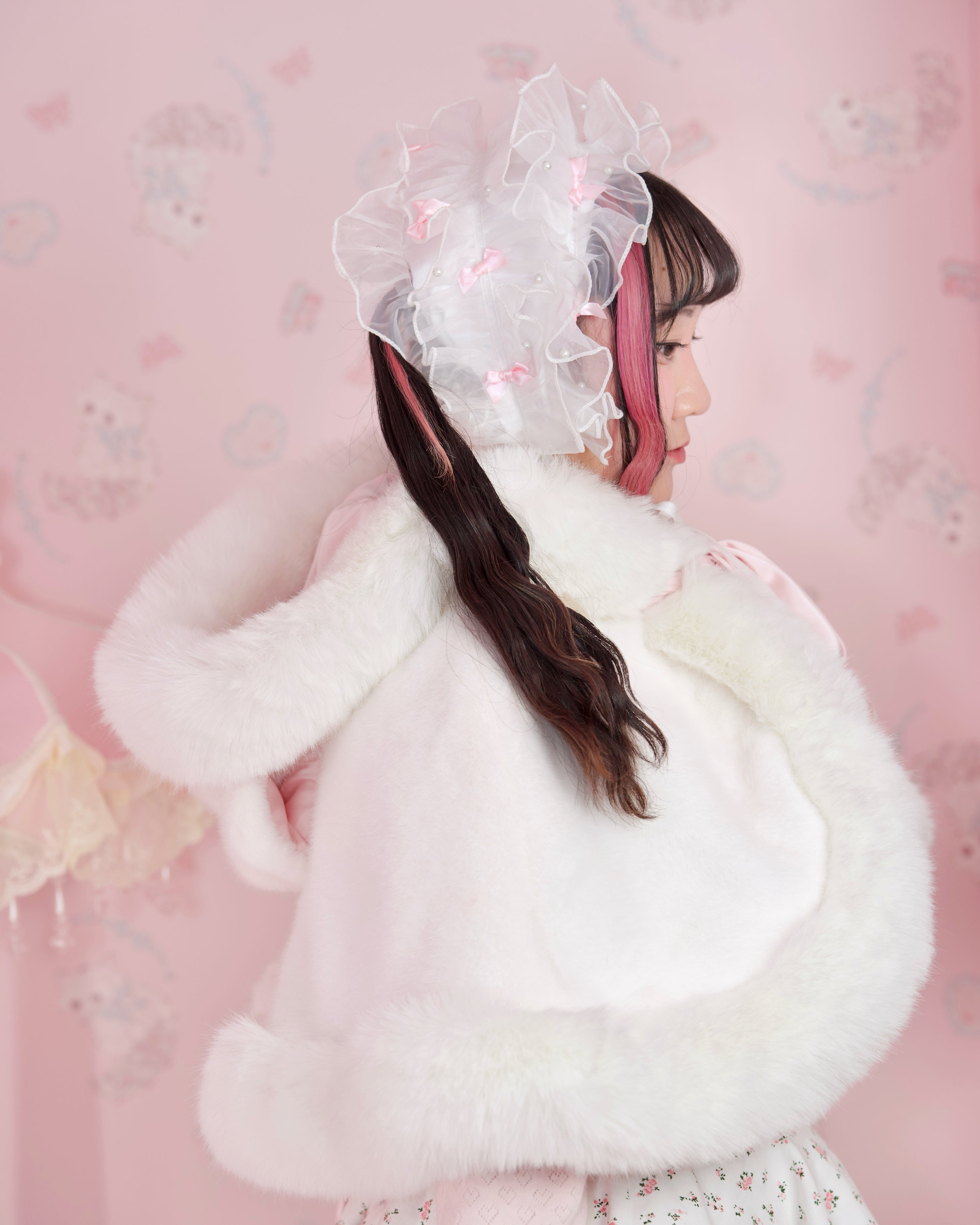 Rosy Pirouette Frill Ribbon Headdress - Snow Blossom (White x Pink