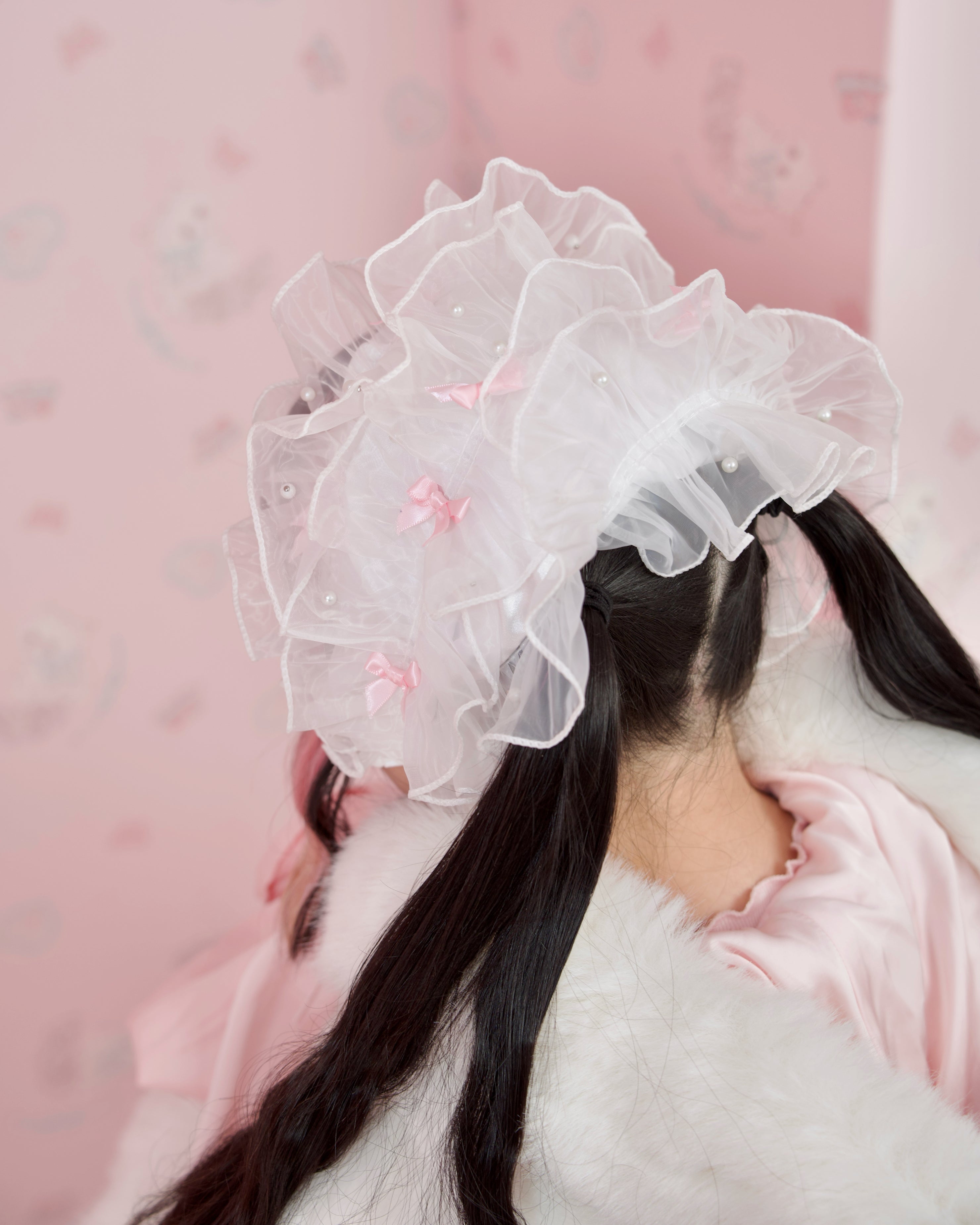 Rosy Pirouette Frill Ribbon Headdress - Snow Blossom (White x Pink