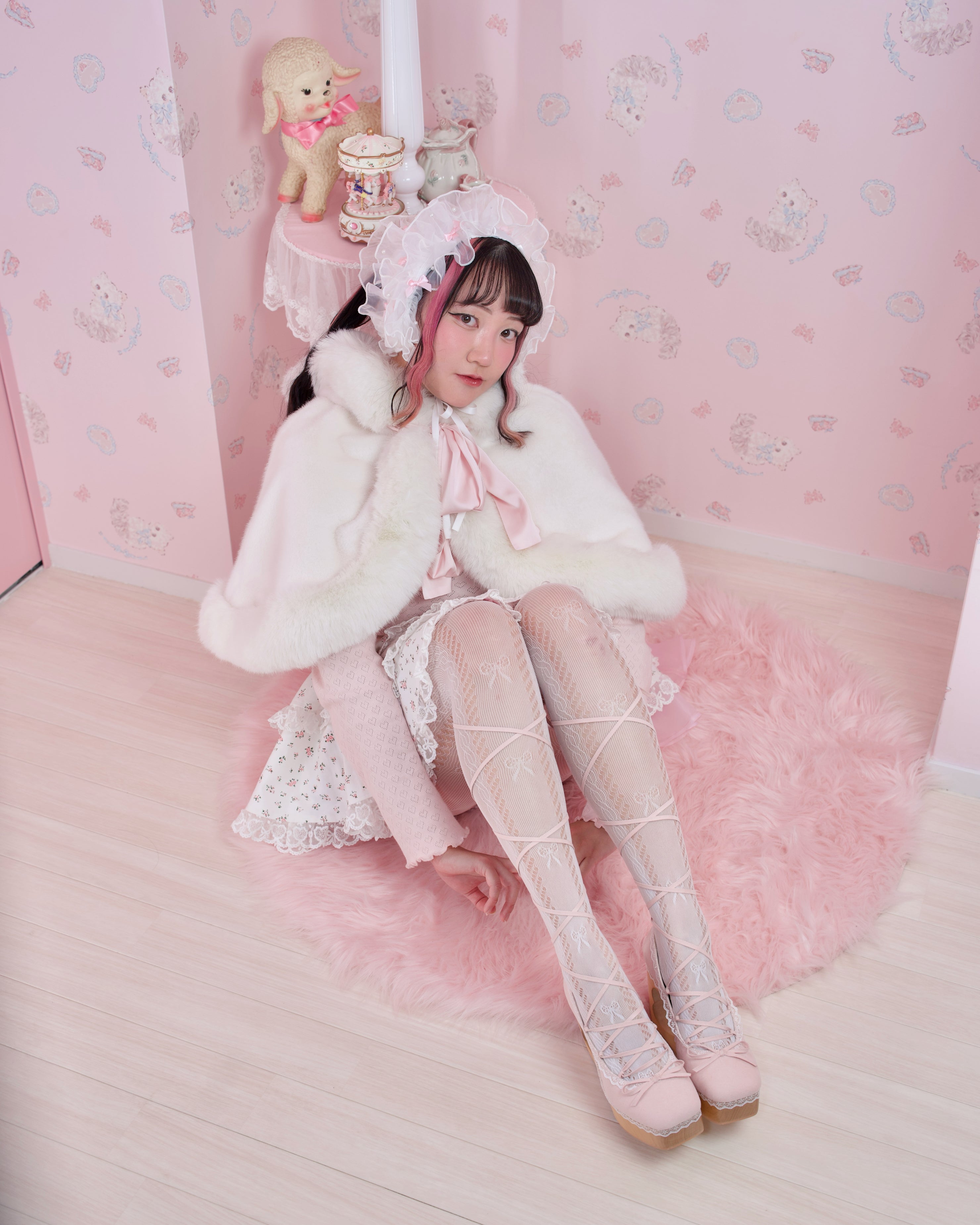 Rosy Pirouette Frill Ribbon Headdress - Snow Blossom (White x Pink