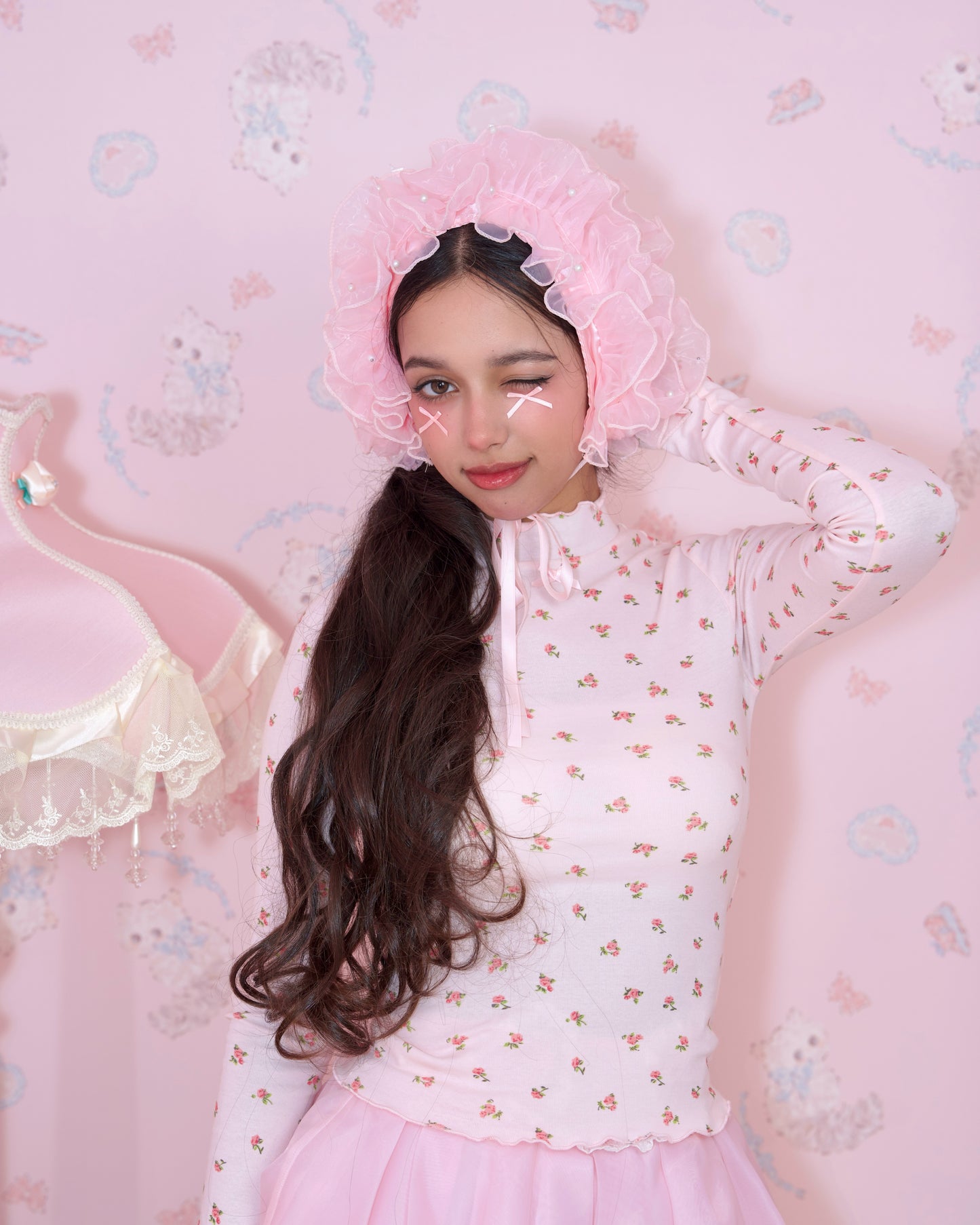 Rosy Pirouette Frill Ribbon Headdress - Petal Pink (Pink x White) // PREORDER