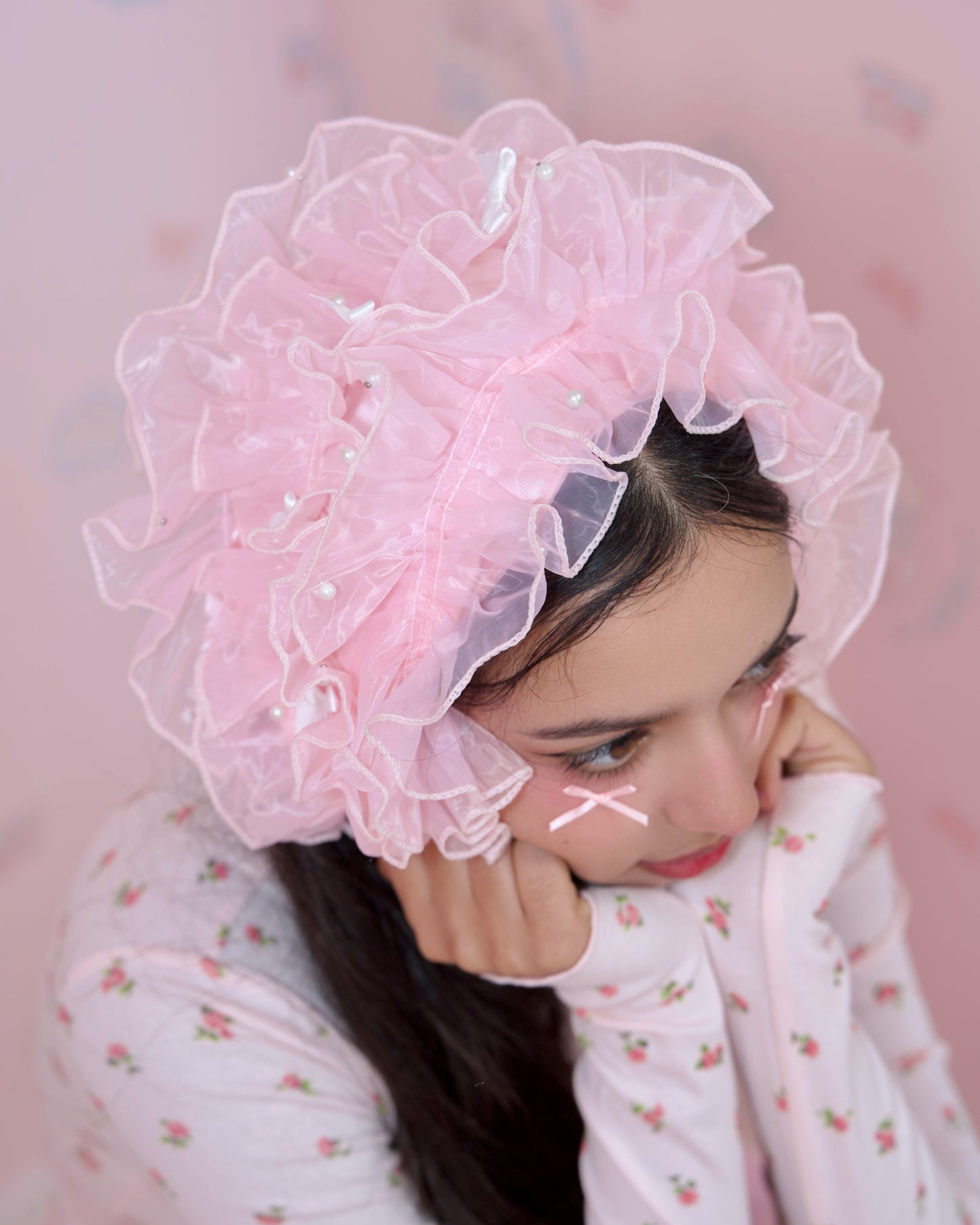 Rosy Pirouette Frill Ribbon Headdress - Petal Pink (Pink x White) // PREORDER