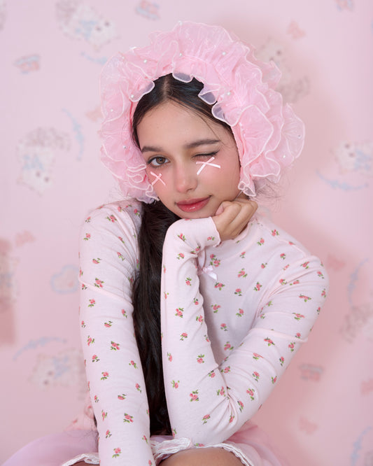 Rosy Pirouette Frill Ribbon Headdress - Petal Pink (Pink x White) // PREORDER