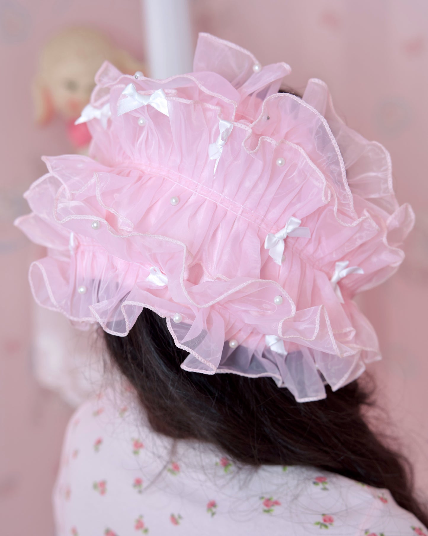Rosy Pirouette Frill Ribbon Headdress - Petal Pink (Pink x White) // PREORDER