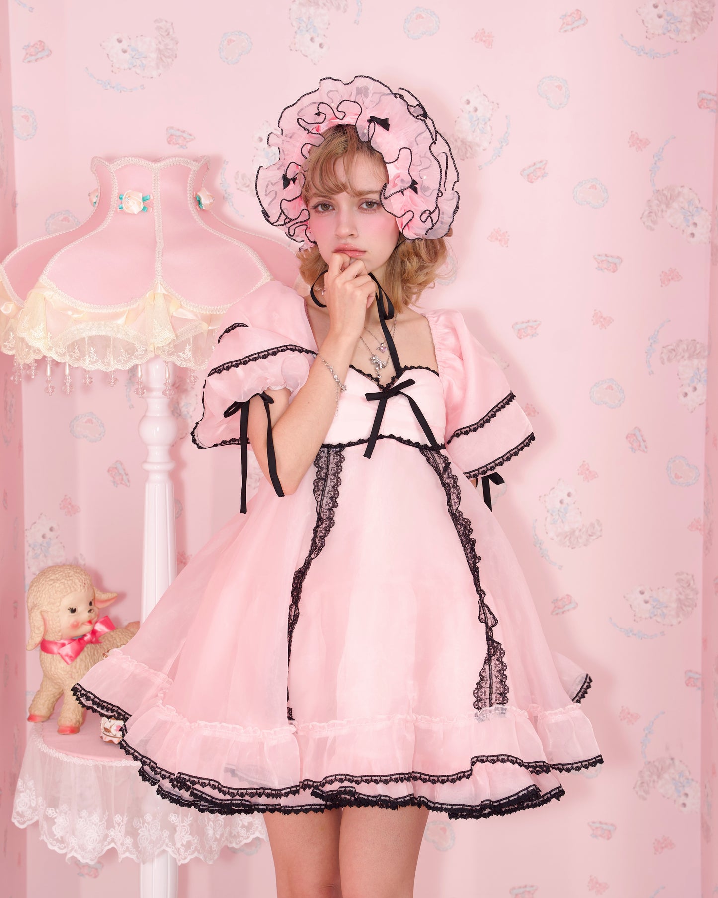 Rosy Pirouette Frill Ribbon Headdress - Midnight Pink (Pink x Black) // PREORDER